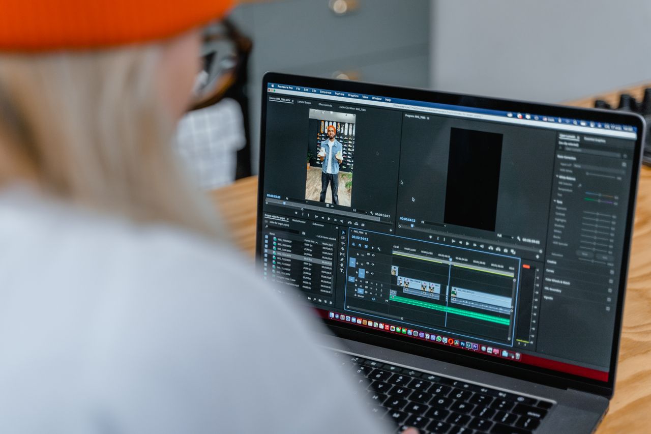 Close-up of video editing software on laptop, focused on timeline.